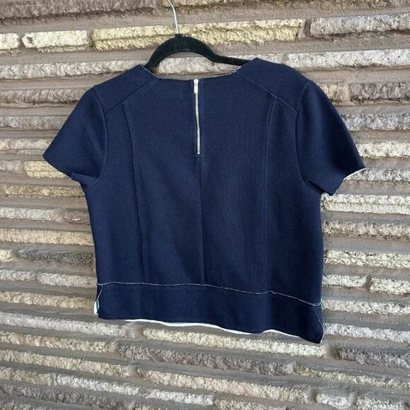 Banana Republic Navy Blue Boxy Cropped Short Cap Sleeve Raw Edge Top - Picture 3 of 6